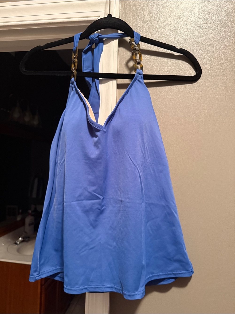 Blue Halter Swimming Tank Top with Chain Detail